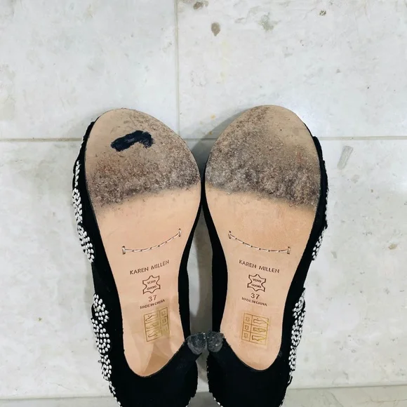 KAREN MILLEN {6} Black Silver Beaded Pumps Peep Toe Stiletto - Picture 14 of 16